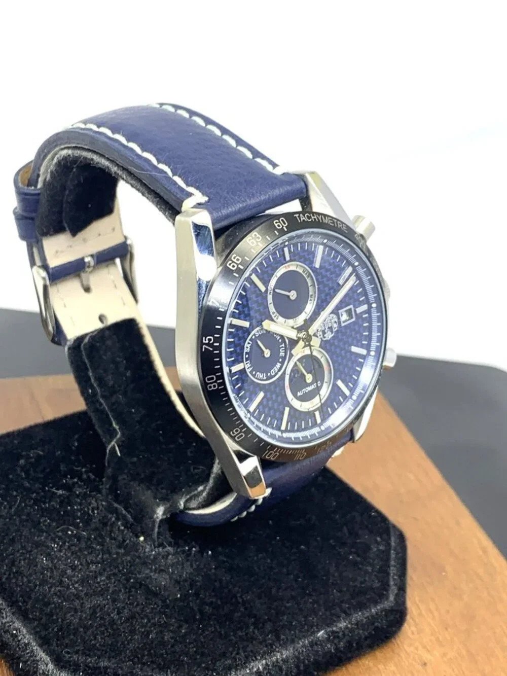 SUG Men's Watch Automatic Chronograph Blue Dial Day Night Leather Strap 40mm